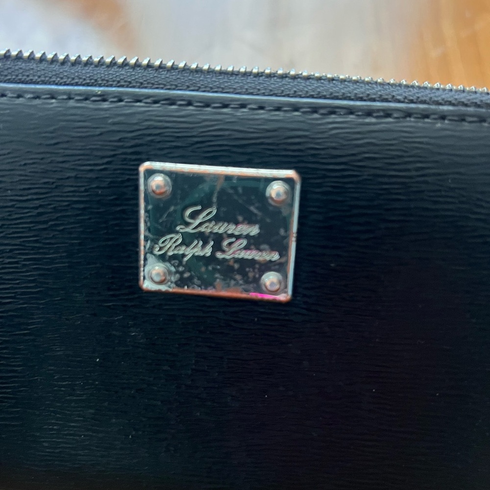 Lauren Ralph Lauren Black Leather Wristlet with Silver Logo Plate